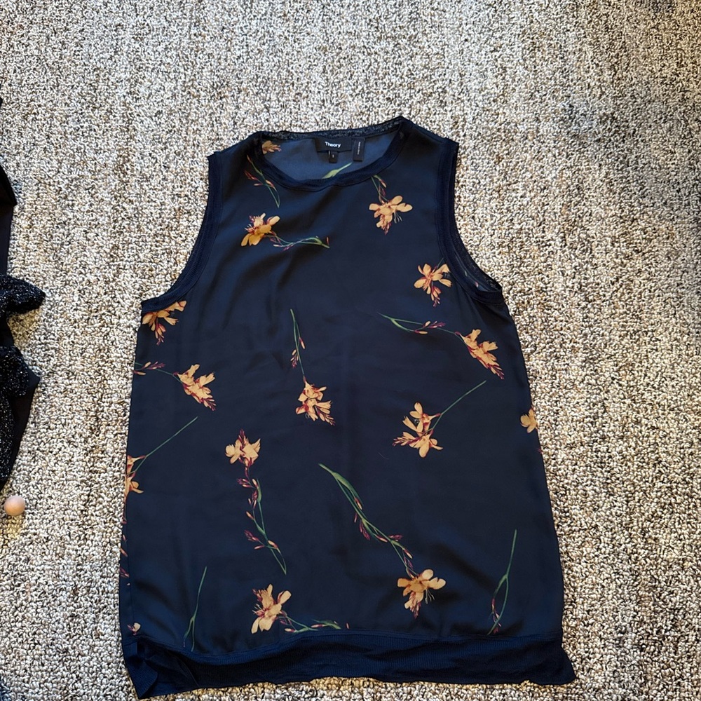 Theory Blue Tank Top with Orange and Gold Pattern